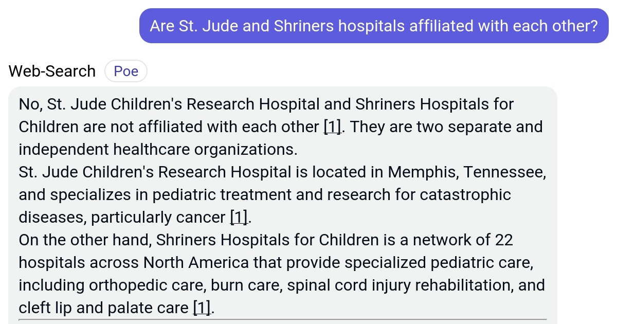 Are St. Jude and Shriners hospitals affiliated with each other? Poe