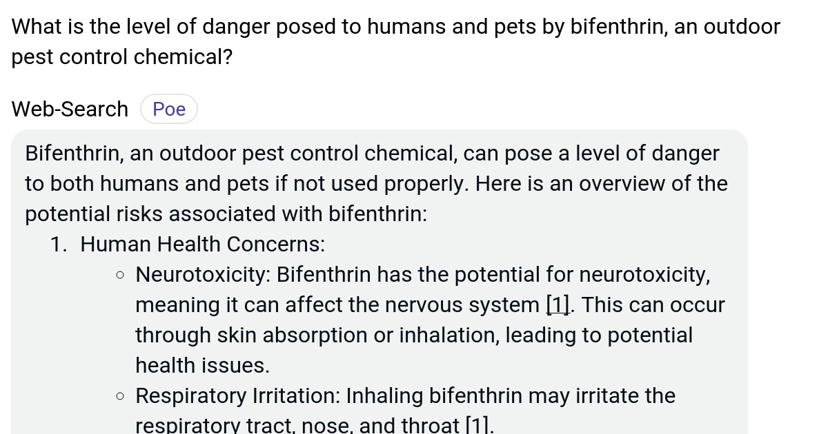 What is the level of danger posed to humans and pets by bifenthrin, an