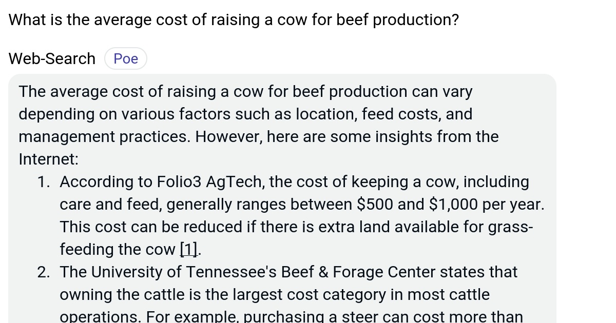 What is the average cost of raising a cow for beef production? Poe