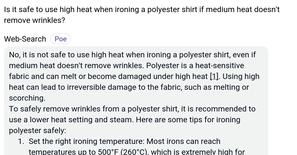 Is it safe to use high heat when ironing a polyester shirt if medium