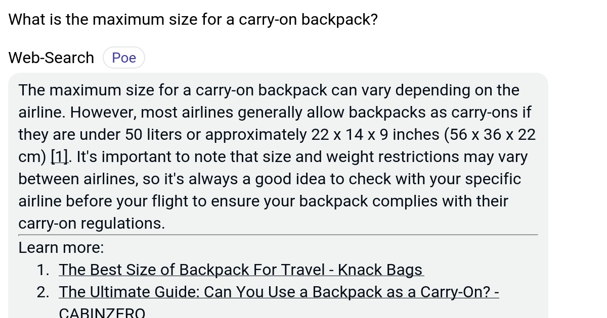 What is the maximum size for a carryon backpack? Poe