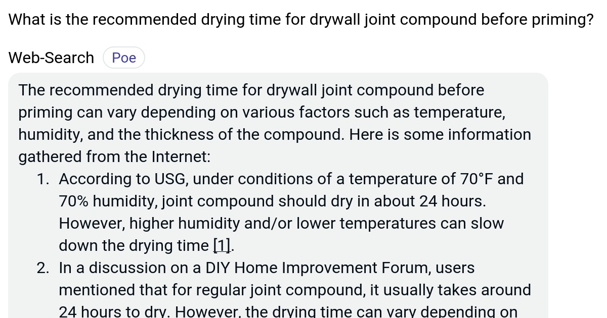 What is the drying time for drywall joint compound before