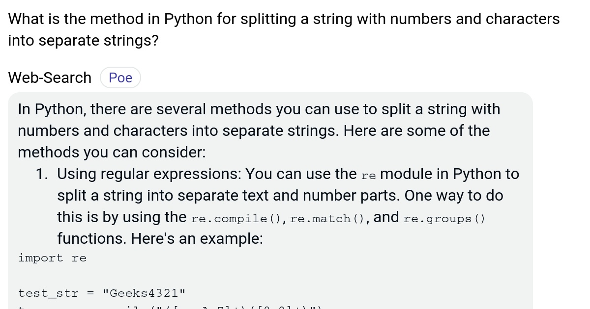 What is the method in Python for splitting a string with numbers and