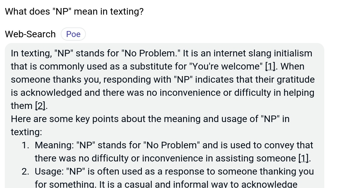 What does "NP" mean in texting? Poe