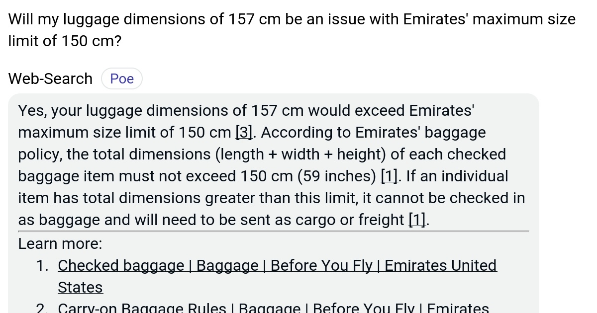 Will my luggage dimensions of 157 cm be an issue with Emirates' maximum
