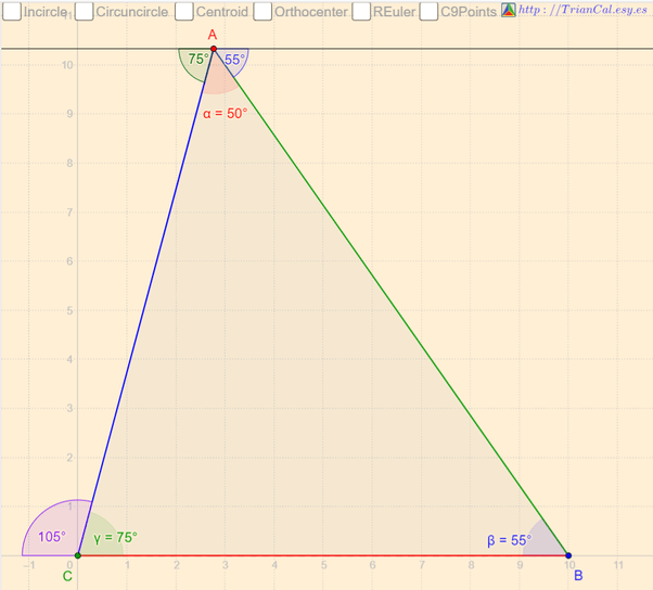 In a triangle has an exterior angle at the vertex of 105