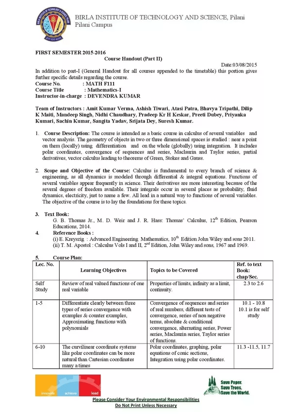 What are the topics in the mathematics course in the first