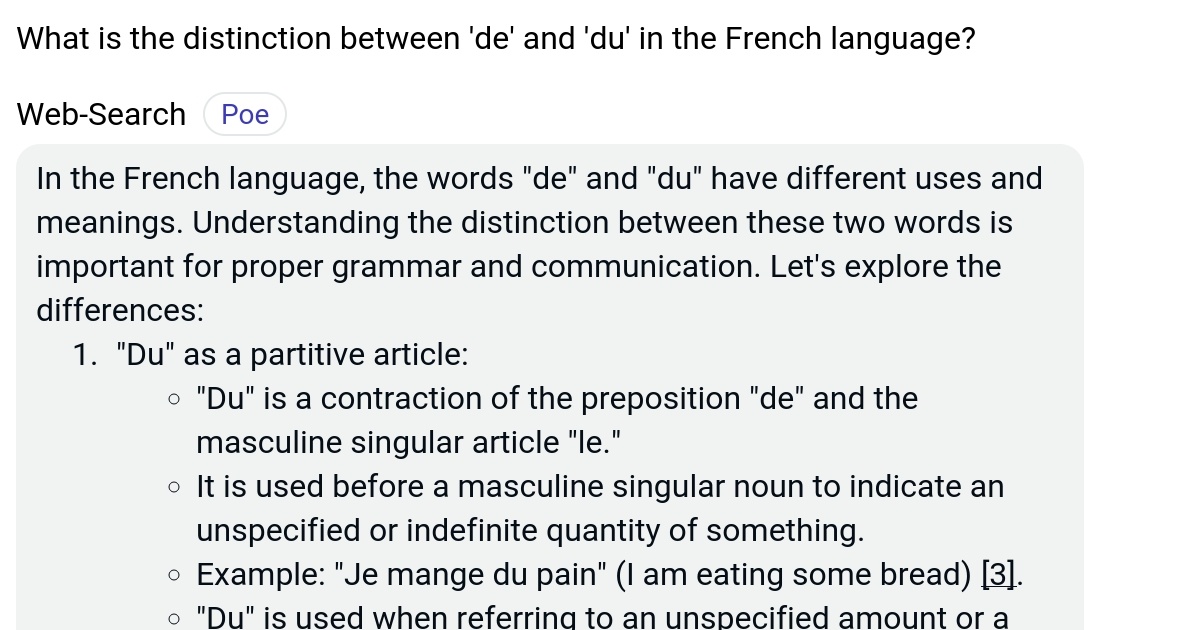 What is the distinction between 'de' and 'du' in the French language? Poe