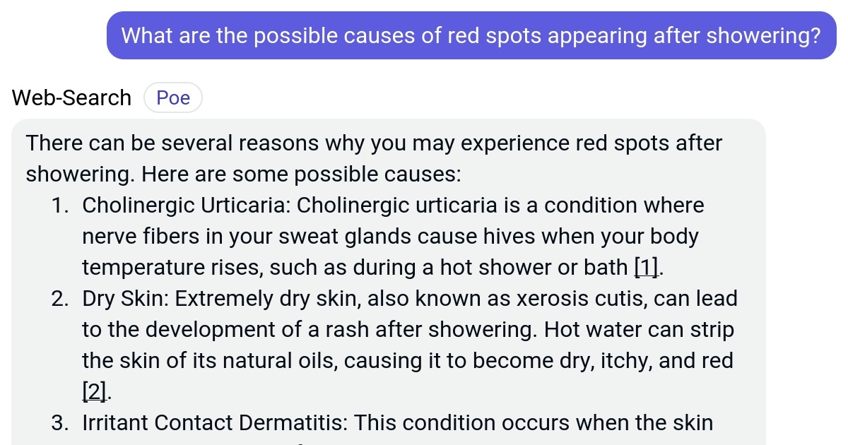 What are the possible causes of red spots appearing after showering? Poe