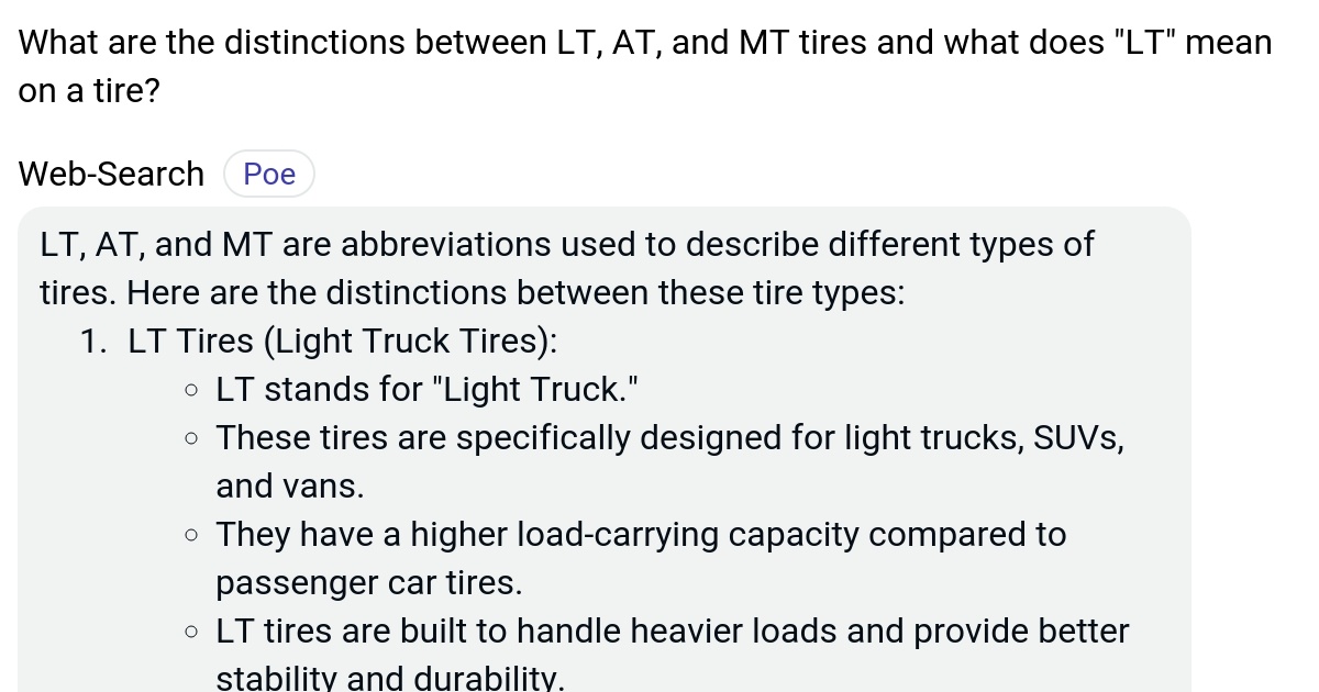 What are the distinctions between LT, AT, and MT tires and what does