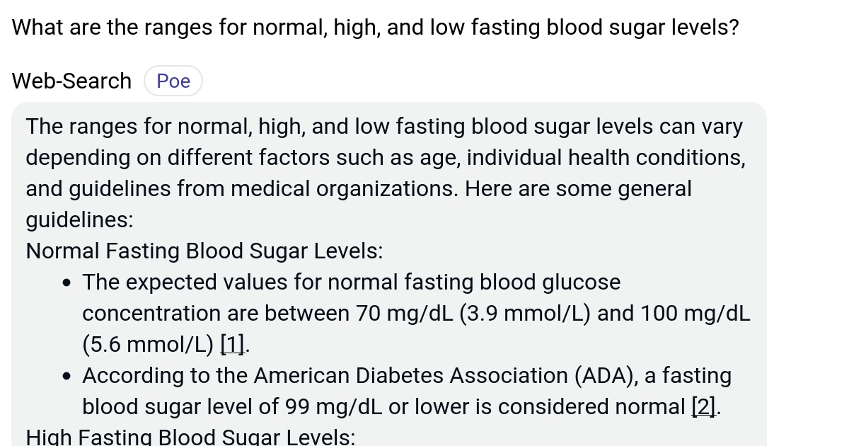 What are the ranges for normal, high, and low fasting blood sugar