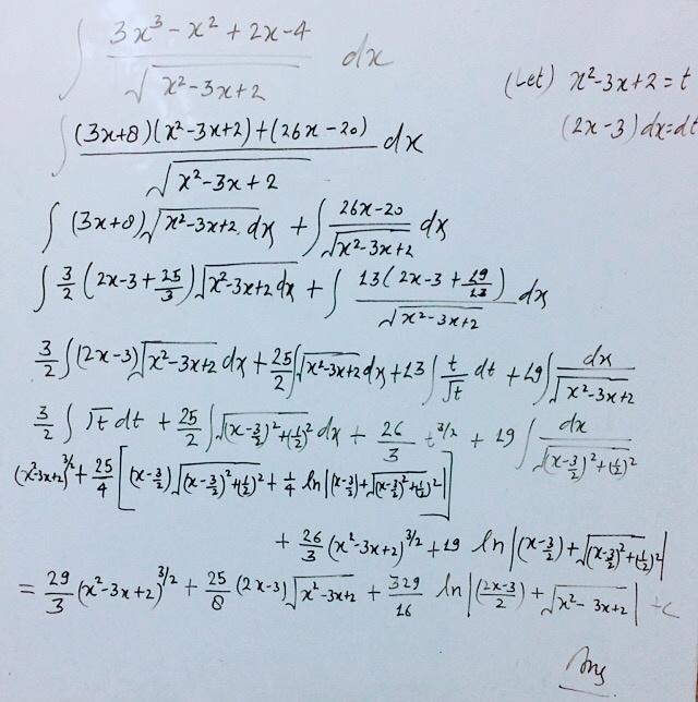 Bagaimana cara mengintegrasikan [matematika]\dfrac {3x^3-x^2+2x-4} {\sqrt  {x^2-3x+2}} dx[/math] - Quora