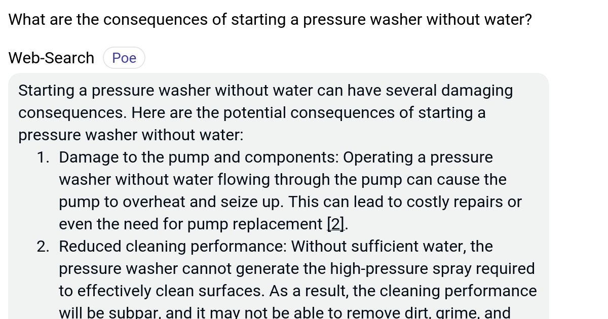 What are the consequences of starting a pressure washer without water