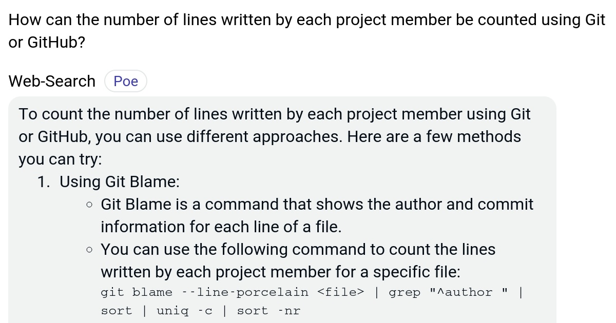 How can the number of lines written by each project member be counted