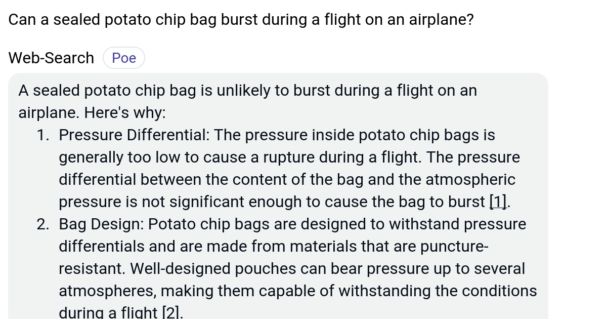 Can a sealed potato chip bag burst during a flight on an airplane? Poe