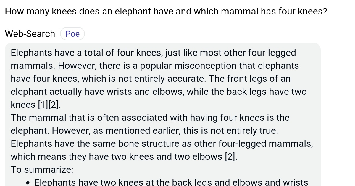 How many knees does an elephant have and which mammal has four knees? Poe