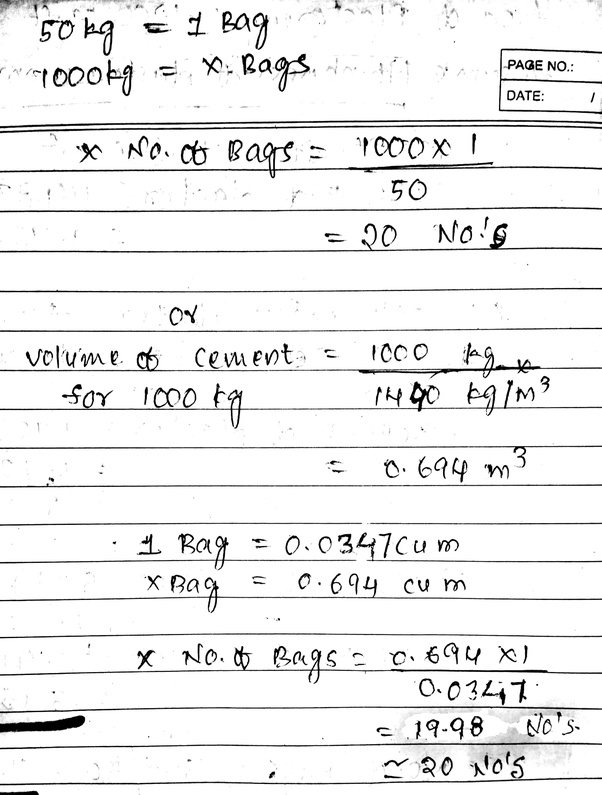 If the volume of 1 cement bag is 0.035 cum, then how many cement bags