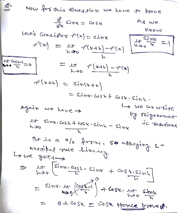 How to prove d/dx sin x = cos x Quora