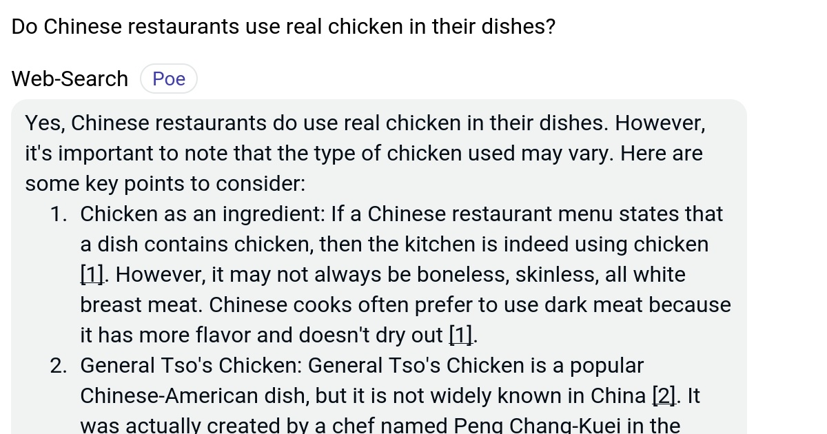 Do Chinese restaurants use real chicken in their dishes? Poe