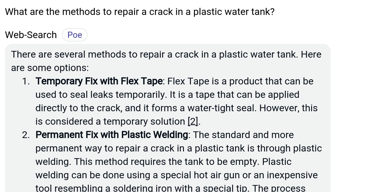 What are the methods to repair a crack in a plastic water tank? Poe