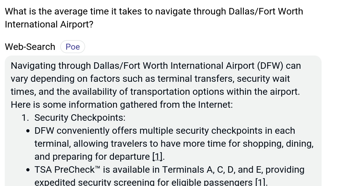 What is the average time it takes to navigate through Dallas/Fort Worth International Airport? Poe