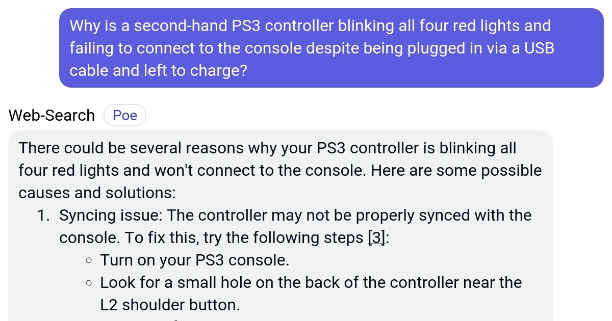 Why is a secondhand PS3 controller blinking all four red lights and