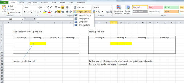 How to split a single cell, in the middle of a table, into 3 different