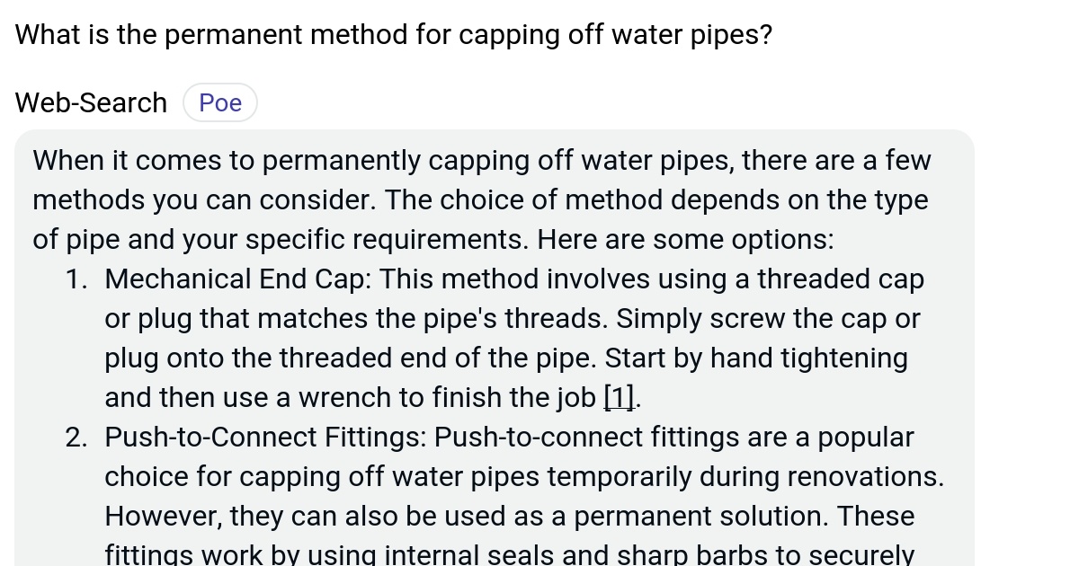 What is the permanent method for capping off water pipes? Poe