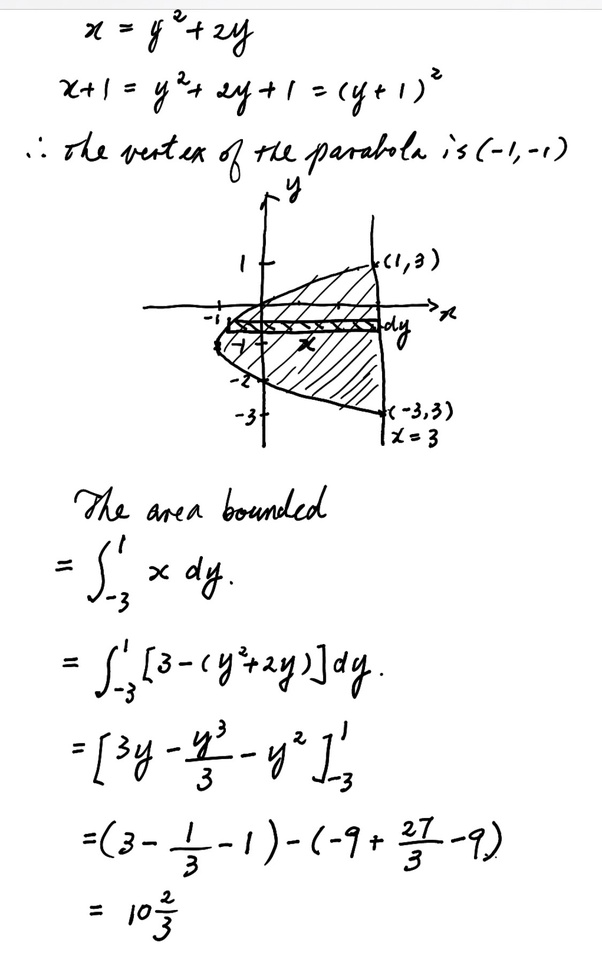 What is the area bounded by the curve x = y^2 + 2y and the line x = 3