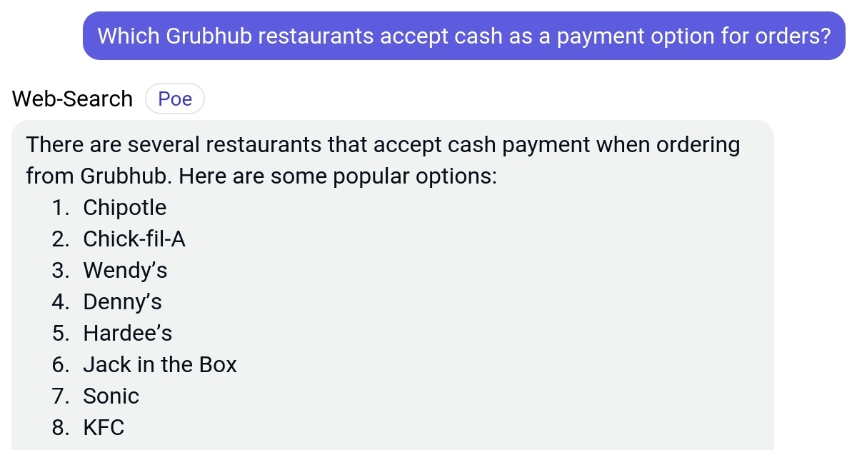 Which Grubhub restaurants accept cash as a payment option for orders? Poe