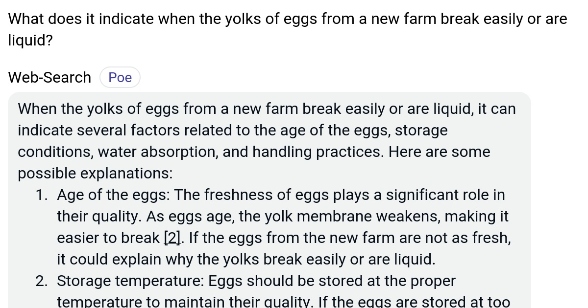 What does it indicate when the yolks of eggs from a new farm break