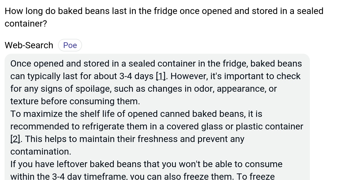 How long do baked beans last in the fridge once opened and stored in a