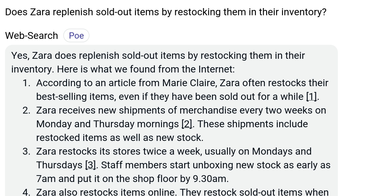Does Zara replenish soldout items by restocking them in their