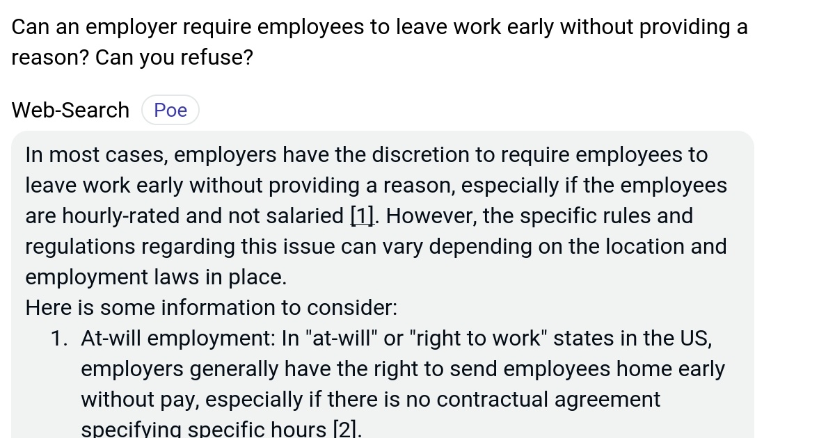 Can an employer require employees to leave work early without providing a reason? Can you refuse