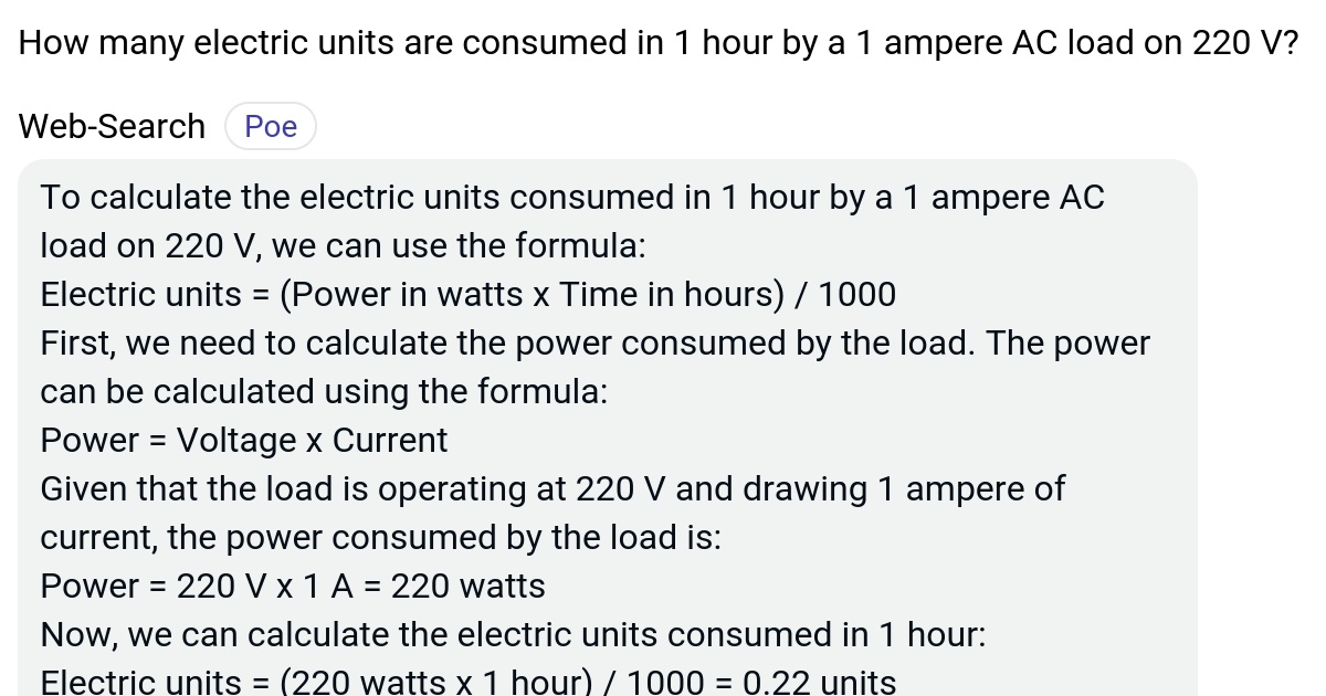 How many electric units are consumed in 1 hour by a 1 ampere AC load on