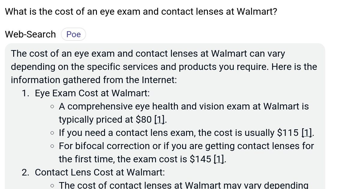 What is the cost of an eye exam and contact lenses at Walmart? Poe