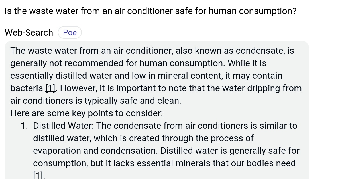Is the waste water from an air conditioner safe for human consumption