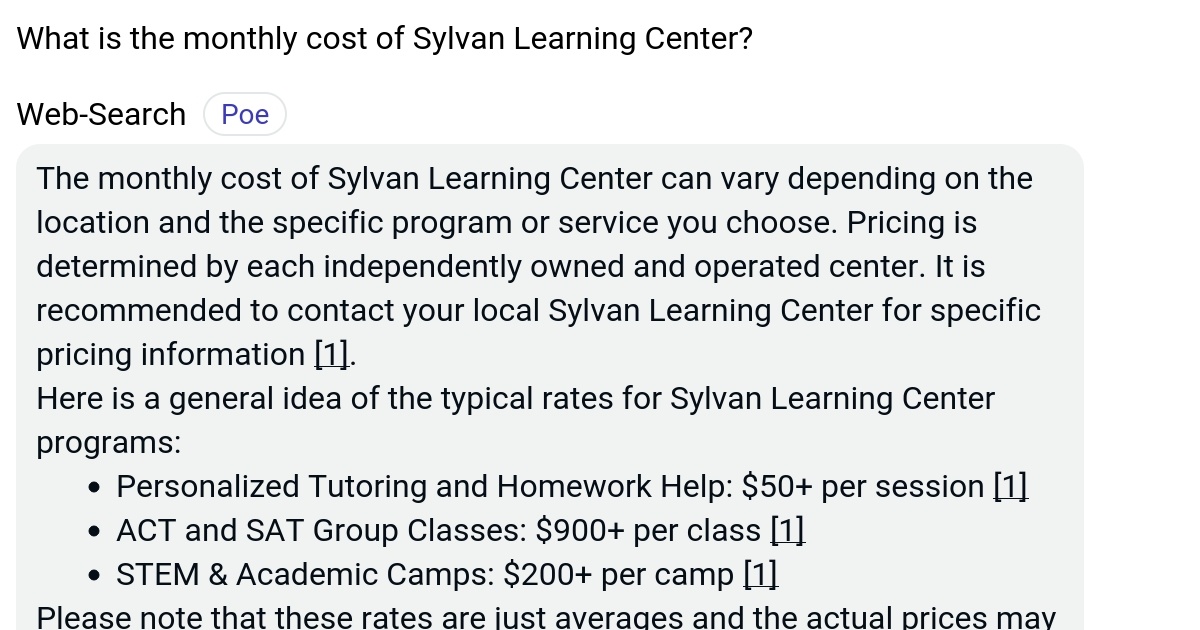 What is the monthly cost of Sylvan Learning Center? Poe