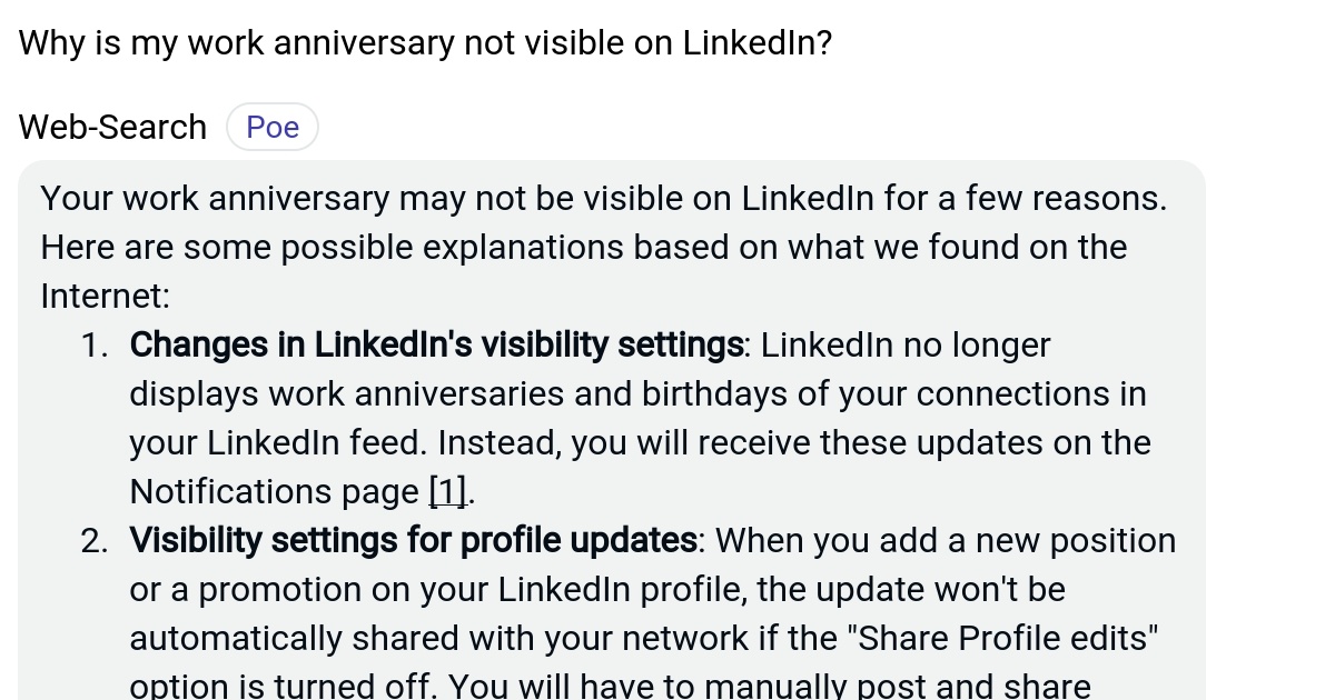 Why is my work anniversary not visible on LinkedIn? Poe