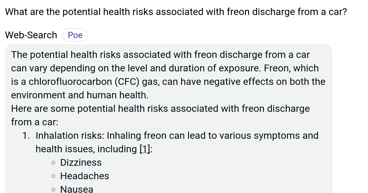 What are the potential health risks associated with freon discharge from a car? Poe