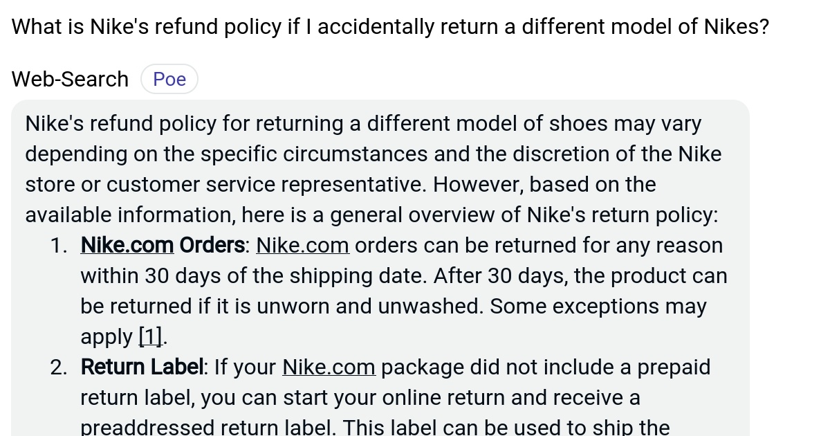 What is Nike's refund policy if I accidentally return a different model of Nikes? Poe