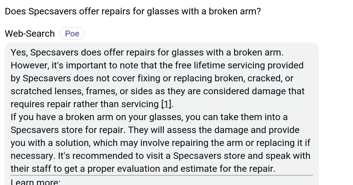 Does Specsavers offer repairs for glasses with a broken arm? Poe