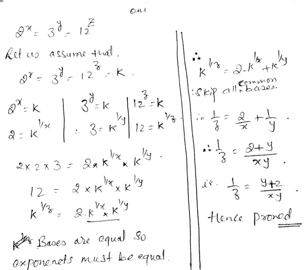 If 2 to the power x=3 to the power y=12 to the power z, can you show 1