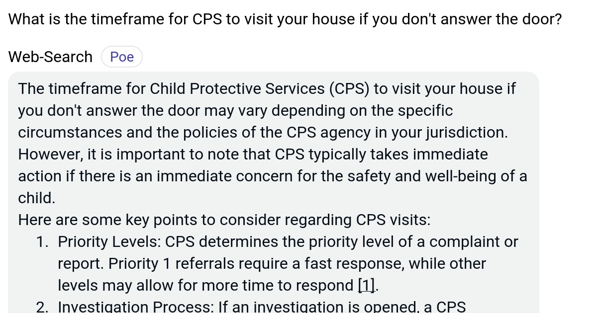 What is the timeframe for CPS to visit your house if you don't answer