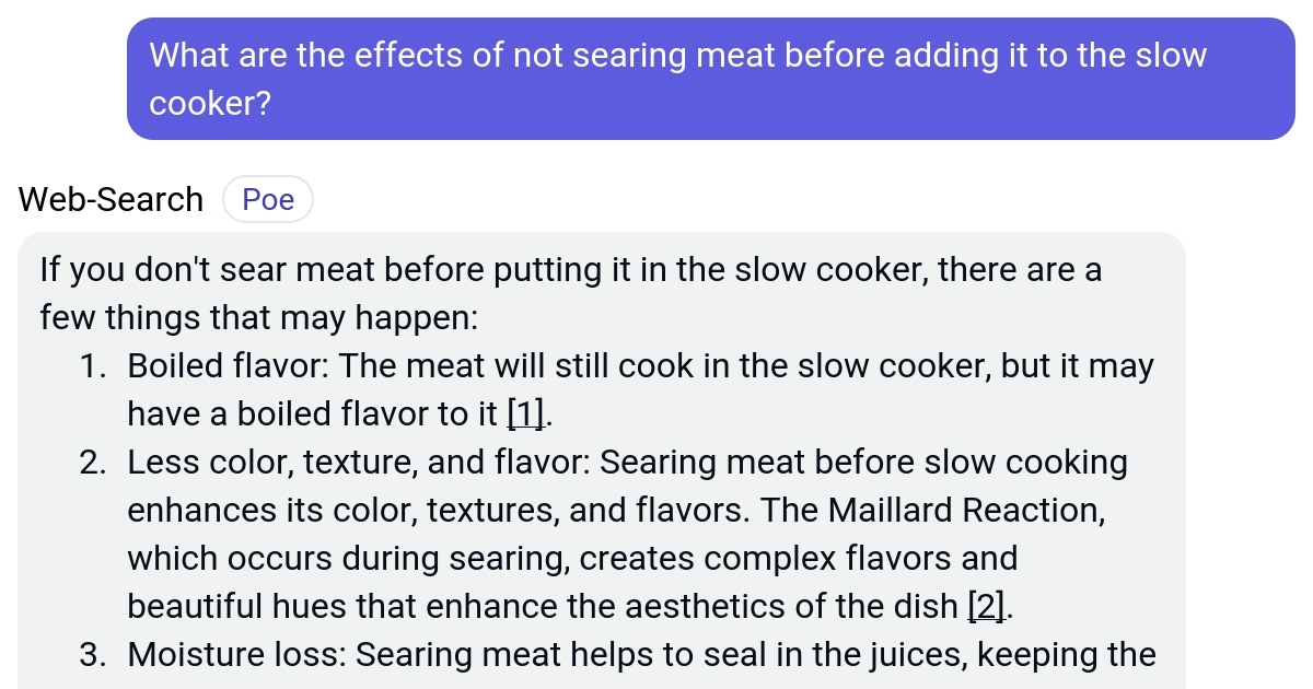 What are the effects of not searing meat before adding it to the slow