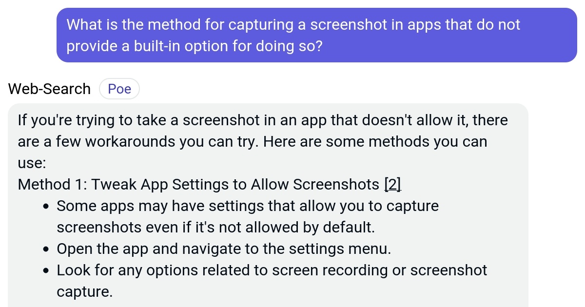What is the method for capturing a screenshot in apps that do not