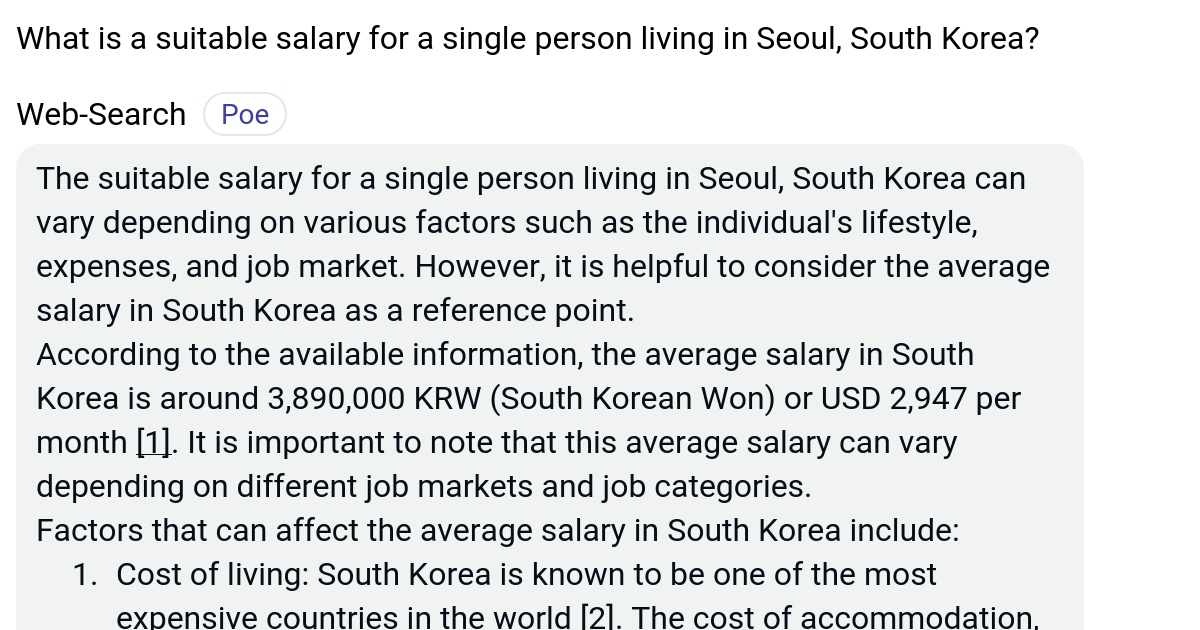 What is a suitable salary for a single person living in Seoul, South