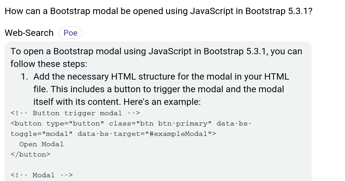 How can a Bootstrap modal be opened using JavaScript in Bootstrap 5.3.1