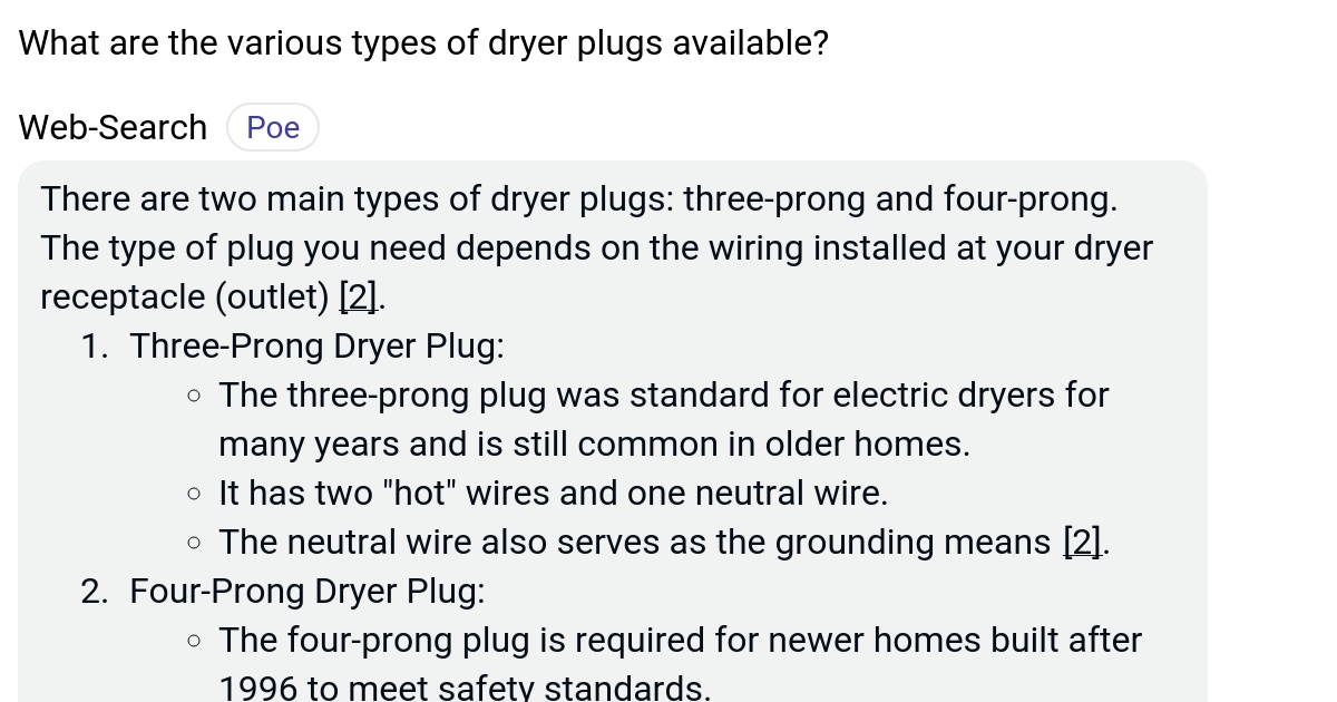 What are the various types of dryer plugs available? Poe