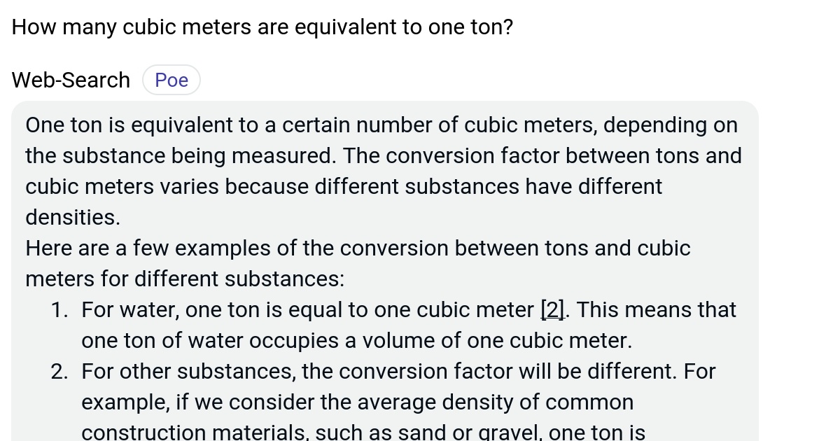 How many cubic meters are equivalent to one ton? Poe